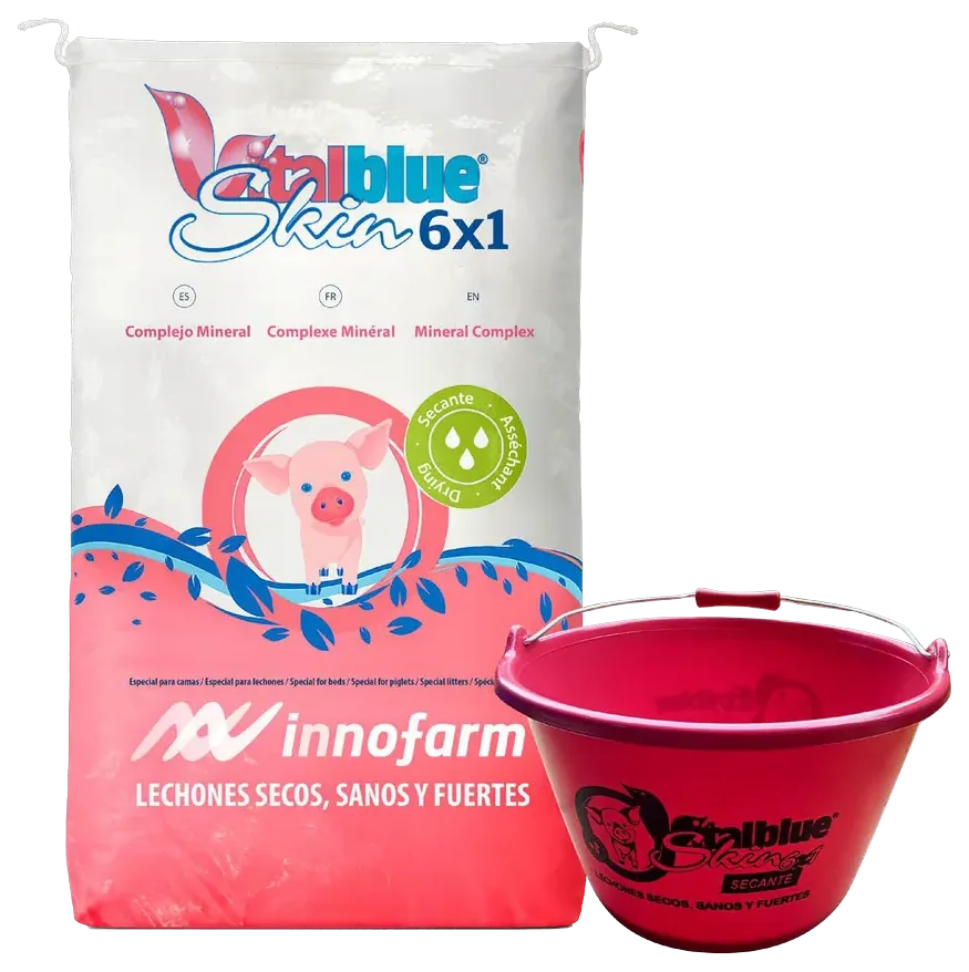Saco de VITAL BLUE SKIN 6x1 de Innofarm junto a su cubo dosificador